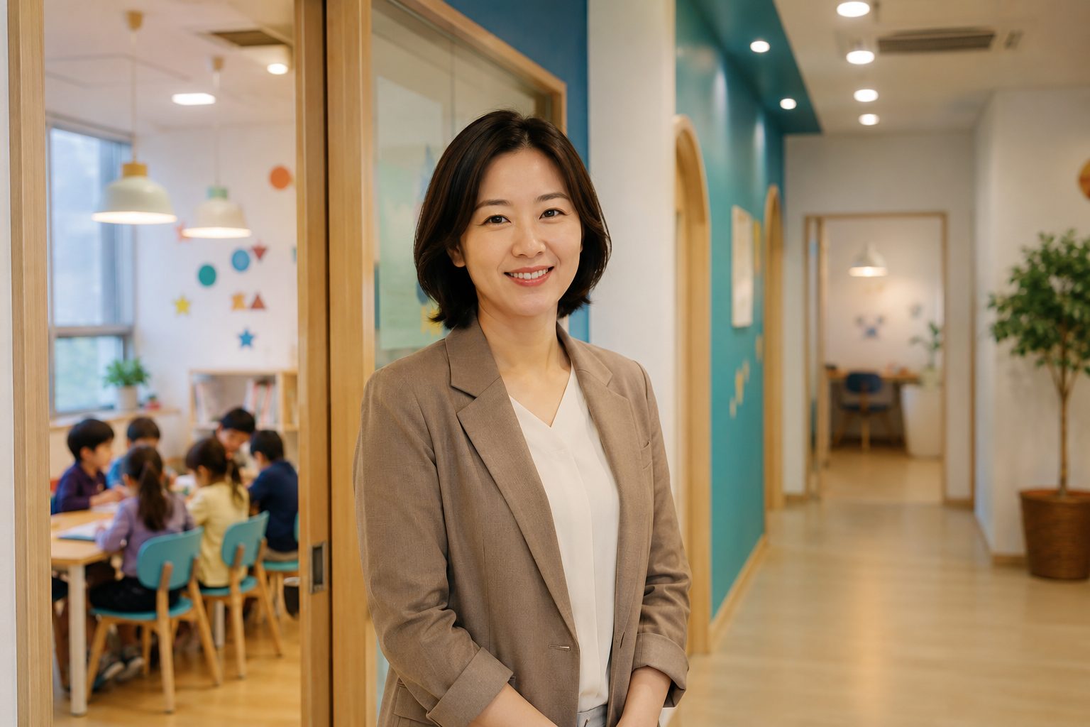 A welcoming Korean academy director in a bright modern school