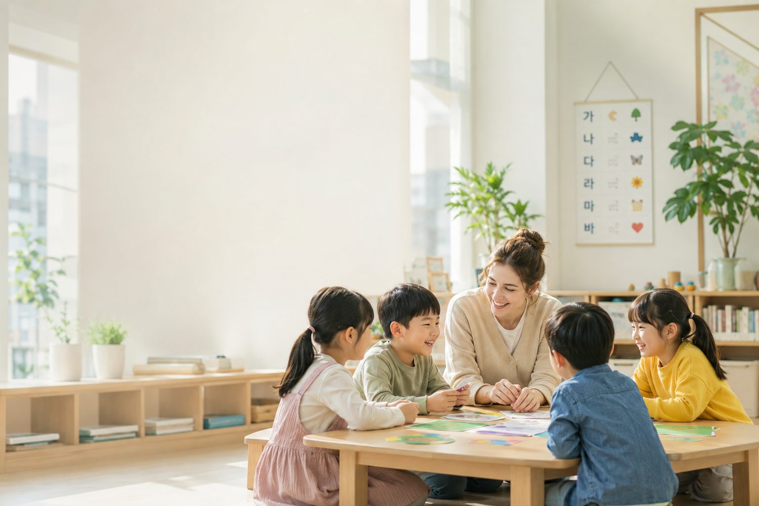 A foreign teacher smiling with young Korean students in a bright classroom