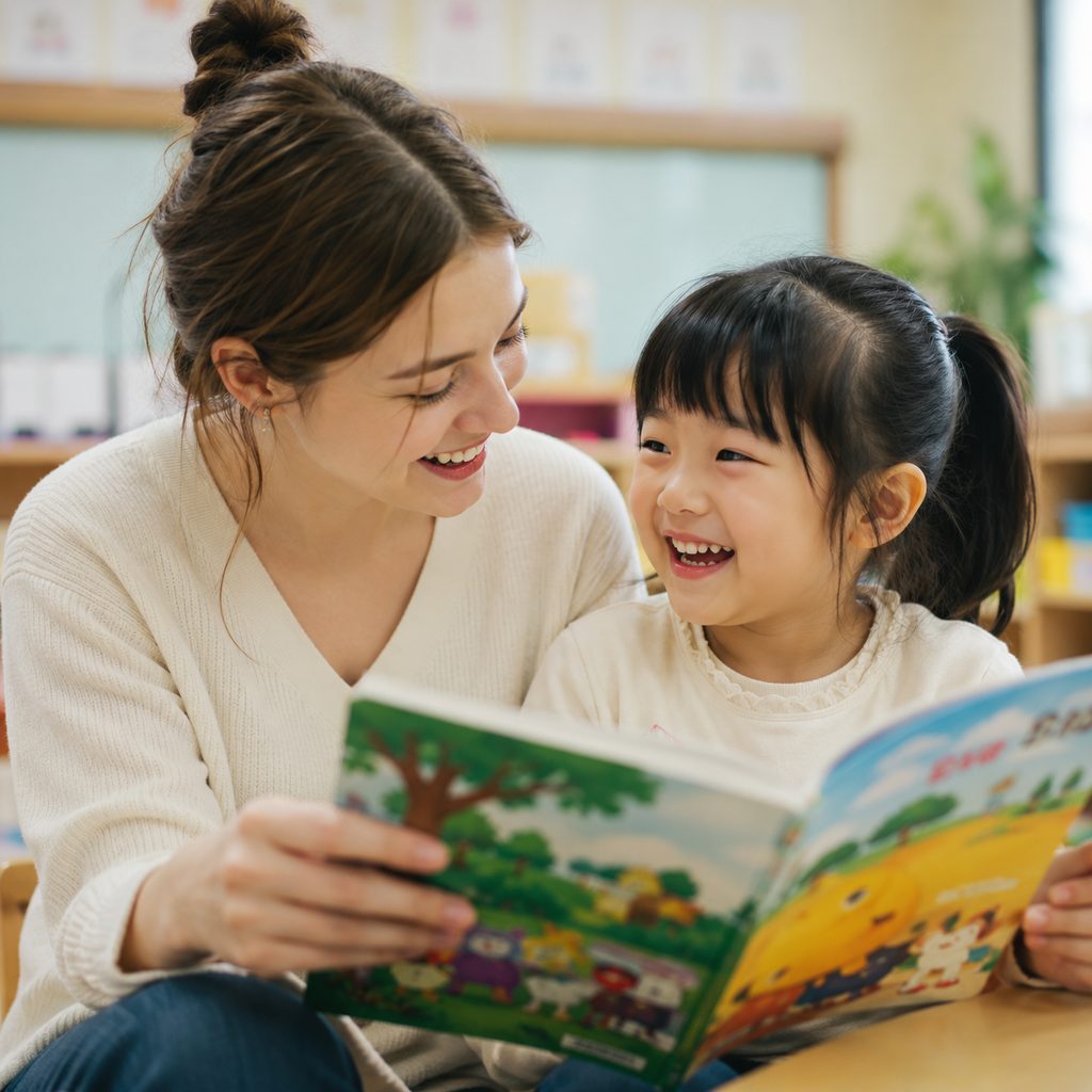 A teacher reading a book with a young student