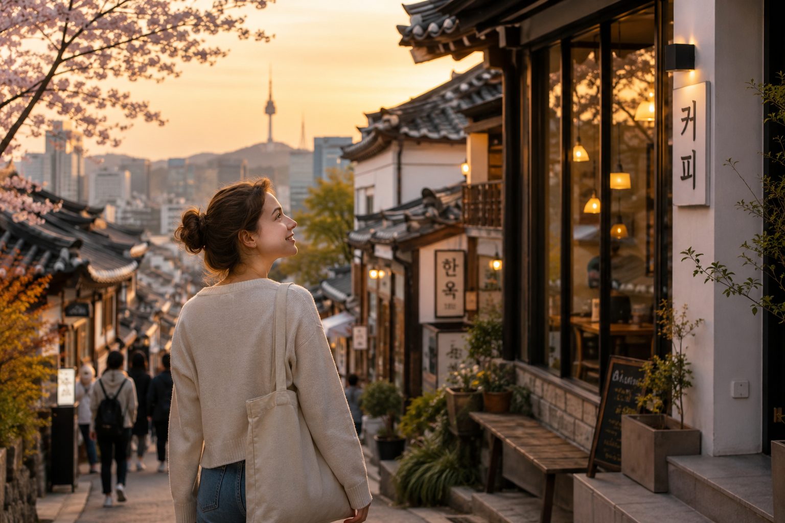 A lively, welcoming street scene in Seoul at golden hour